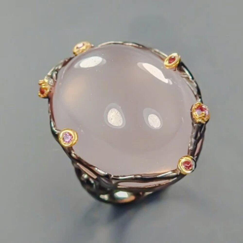 RING 38CT Natural Rose Quartz with Rhodolite accents 925 Size 8